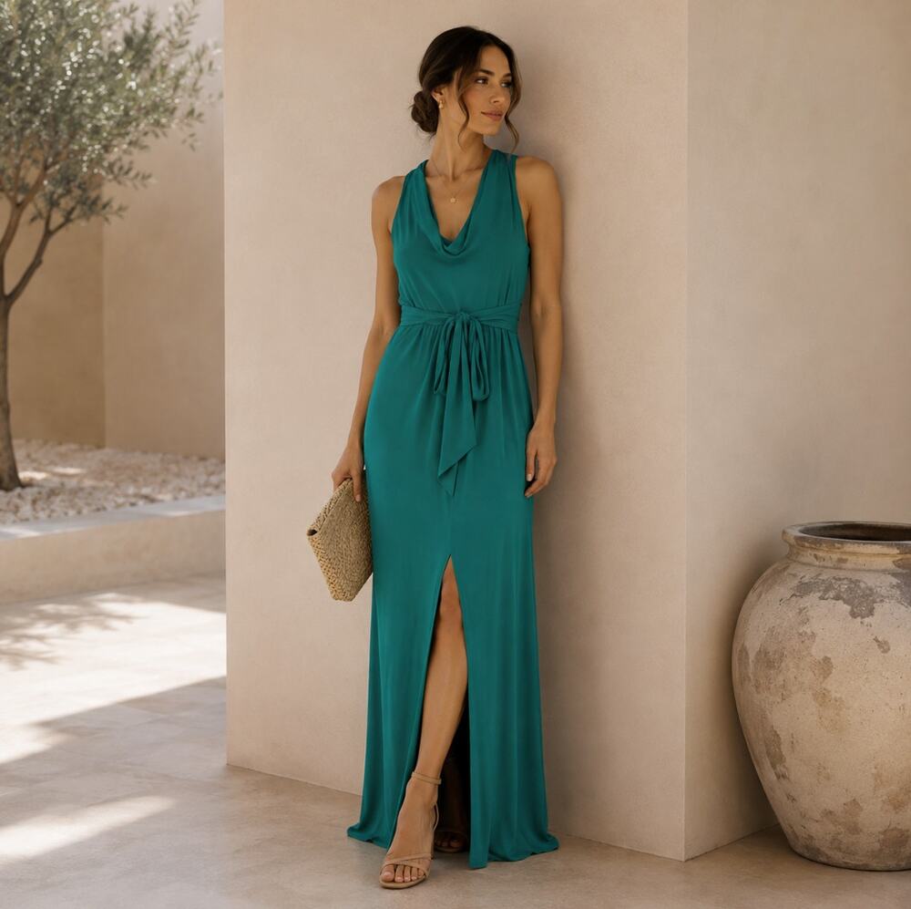 HALSTON HERITAGE Drape Tie Waist Maxi Dress Jersey Juniper Green Sz M NWT {O42}